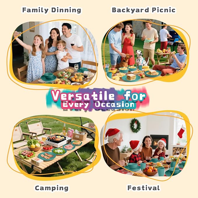 Wheat Straw Dinnerware Sets, 32 PCS Dishes Set for 8, Unbreakable Plates and Bowls Sets, Microwave Safe Dinnerware Set for Kitchen Outdoor Camping RV - Green