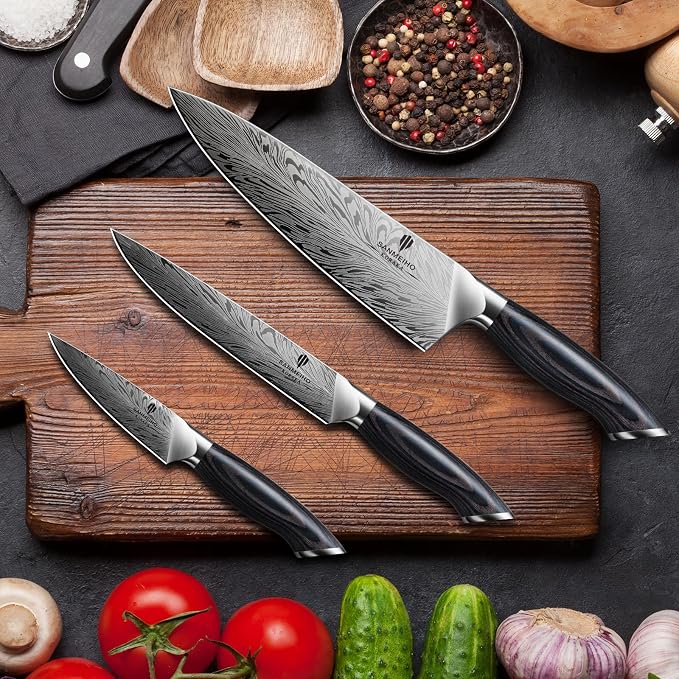 3PCS Kitchen Knife Set,Chef Knife Sets in Powder Steel | Ultra Sharp Japanese Knives Set High Carbon Steel Knives Sets, Cooking Knives Set with Ergonomic Pakkawood Handle
