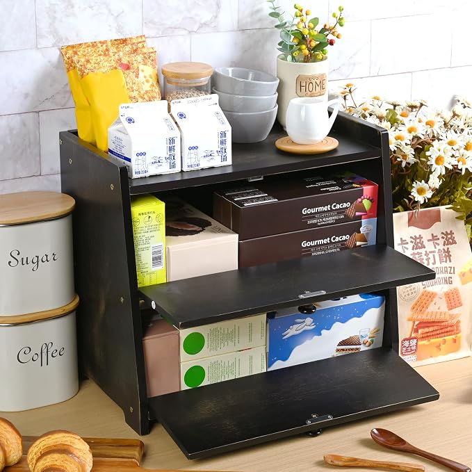 Bamboo Corner Bread Box for Kitchen Countertop 2-Tier Black | Farmhouse Bread Storage Container, Large Pantry Organizers for Homemade Snacks, Loaves, Breathable Keeps Bread Fresh