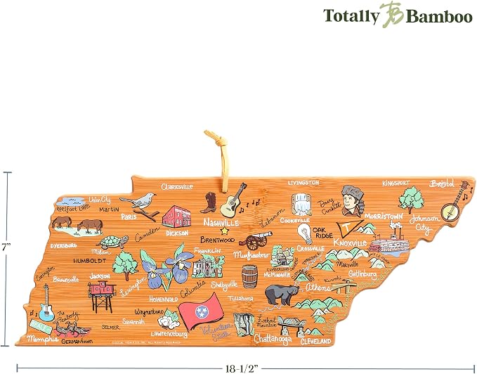 Totally Bamboo Tennessee State Shaped Cutting Board, Art by Fish Kiss | State charcuterie board with colorful hand-drawn map artwork. Smooth reverse side for food prep. Hang tie for wall display.