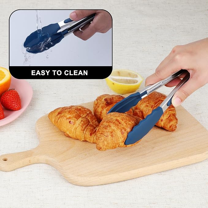Hotec Mini Silicone Kitchen Tongs for Cooking - 7-Inch Small Serving Tongs with Silicone Tips, Set of 3 (Classic Blue)