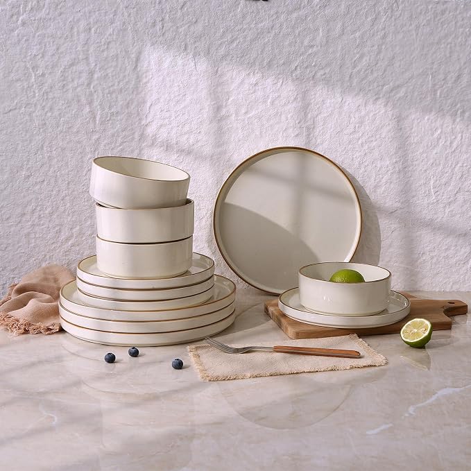Famiware Nebula 16-Piece Plates and Bowls, Vanilla White with Brown Rim | Stoneware Dinnerware Set with Pasta Bowls, Service for 4 - Chip & Scratch Resistant, Microwave & Dishwasher Safe
