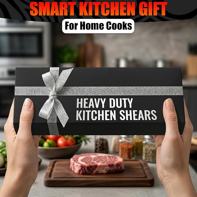 Kitchen Shears Heavy Duty, Safety Lock, Stainless Steel (Red) | Poultry Shears for Chicken, Turkey, Spatchcock, Fish; Bone Cutting Scissors, Micro-Serrated, Spring-Loaded, Separate to Clean