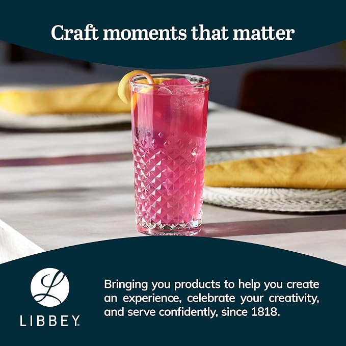 Libbey Carat Tumbler Glasses Set of 4, Faceted 14 oz Drinkware Glasses Set, Dishwasher Safe Tall Drinking Glasses for Cocktails, Soda, and More