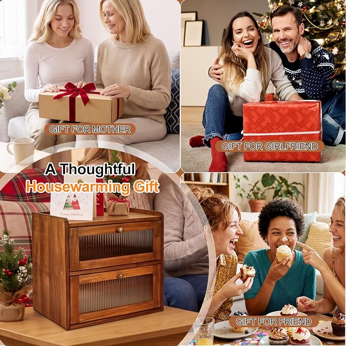 Alpeir Wooden Bread Box for Kitchen Countertop, Large Double Layer, Brown | Food-Safe Pine Wood, Double-Row Ventilation, Strong Acrylic Window, Raised Top Shelf, Easy Care, Farmhouse Corner Container