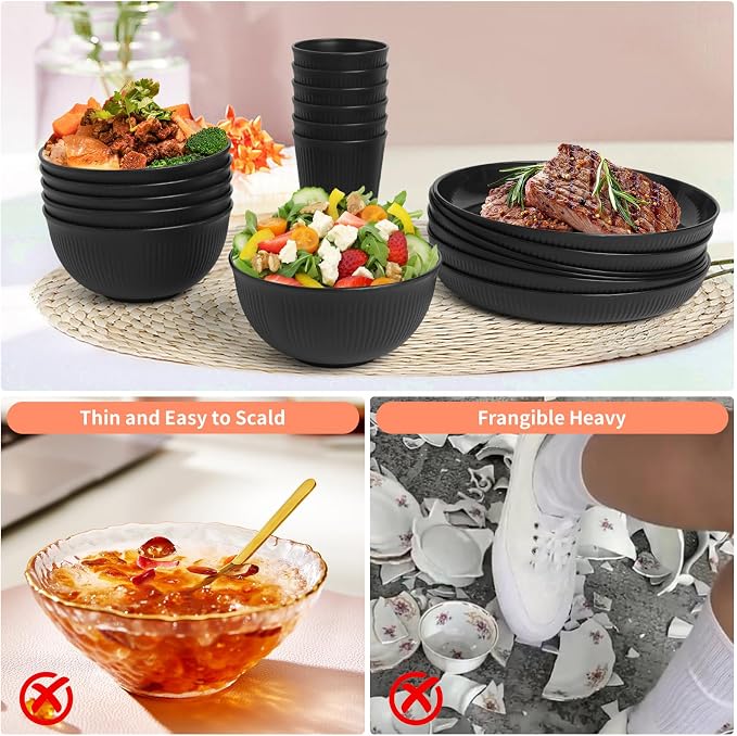 36 Pcs Wheat Straw Dinnerware Set,Dinnerware Sets for 6,Large Round Plates, Bowls and Cups, Unbreakable dish set, Dishwasher and Microwave Safe, Outdoor Camping Dishes (Black)