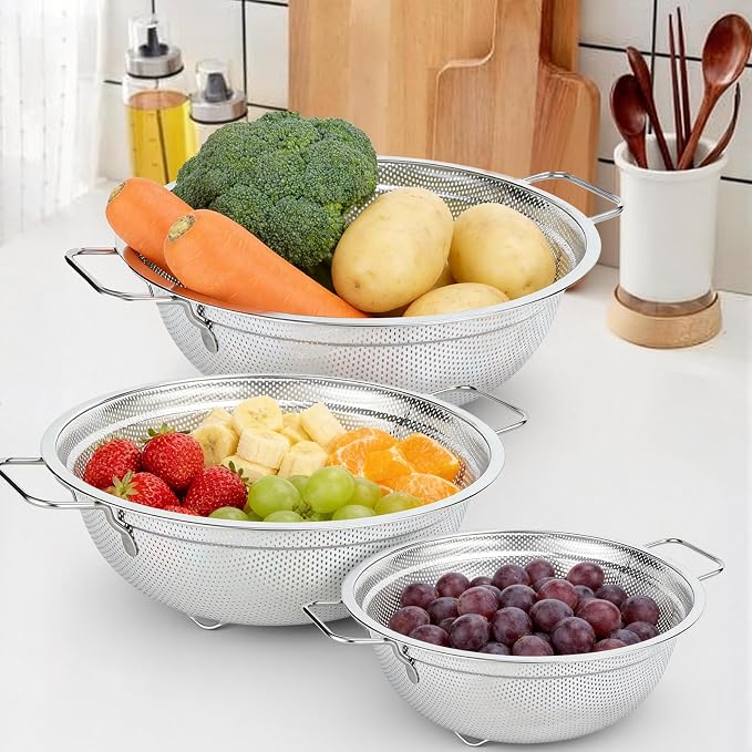 Stainless Steel Colander Set of 3, Micro-Perforated Metal Kitchen Strainer Set with Handles & Feet for Draining Pasta, Washing Rice, Vegetables - Heavy Duty 18/8 Steel (2, 3, 5 Quart)