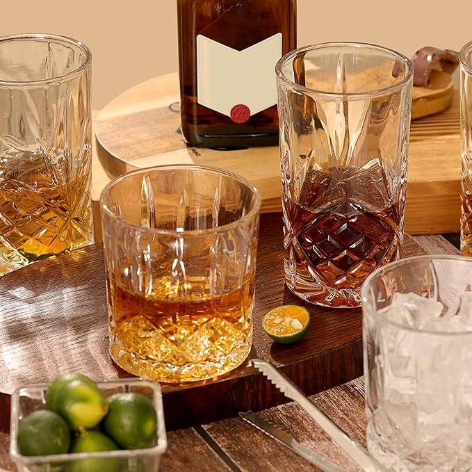 Moretoes Crystal Whisky Drinking Glasses Set of 12, Glass Cups | Mixed Glassware Set, 12 Oz Highball Glasses & 11 Oz Old Fashioned Glasses, Great for Cocktail and Other Beverages