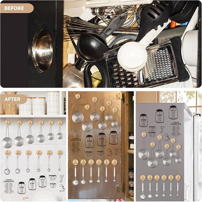 24 Pack Wooden Hooks for Organizing Measuring Cups and Spoons with Stickers