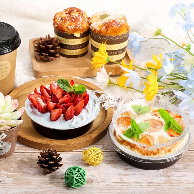 Beasea Disposable Aluminum Cupcake Pans with Lids, 100 Pack 4” 8oz Coffee Mini Baking Pie Foil Tins Small Round Tart Container for Individual Muffin Cheesecake Dessert Ramekins Quiche Oven Dishes