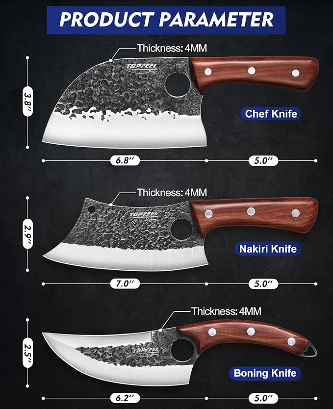 Topfeel 3PCS Hand Forged Butcher Knife Set, High Carbon | Viking and Serbian chef knives for meat cutting. Perfect for kitchen, outdoor camping & BBQ. Great gift idea for men