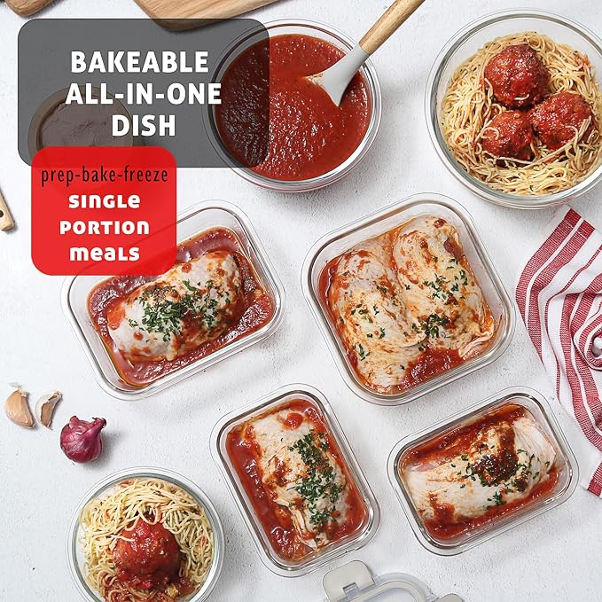 EATEX 16pc Glass Storage Containers with Lids, 8 Glass Food Storage Containers with 8 Airtight Lids for Pantry & Kitchen, Meal Prep Containers for Lunch, Oven Freezer Microwave & Dishwasher Safe