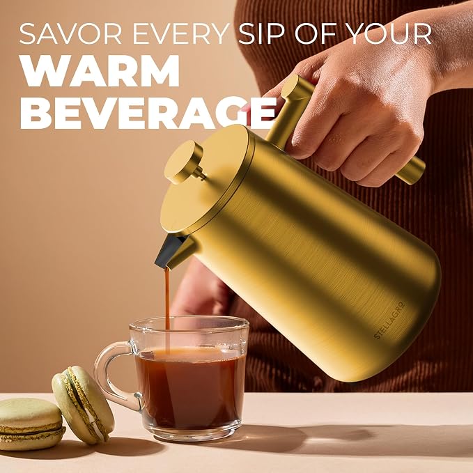 French Press Coffee Maker, Stainless Steel French Press 34 Oz / 1L, Double Wall Insulated Coffee Press with 3 Extra Mesh Filters, Metal Coffee Maker for Coffee & Tea, Satin Finish, Gold