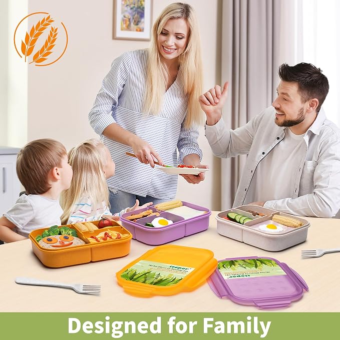 Itopor Bento Box for Kids & Adults, Lunch Box 46 oz / 1400ml, Sage Green | Wheat straw material, BPA-free, leakproof, 3 compartments, microwave & dishwasher safe, for school, office & travel