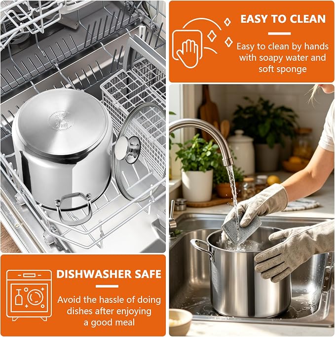 P&P CHEF 8 Quart Stock Pot with Lid, 8 Qt Large Stainless Steel Stockpot | Good for Cooking Pasta Soup, Cookware for Induction Gas Electric Stoves, Visible Lid & Measuring Markings, Dishwasher Safe