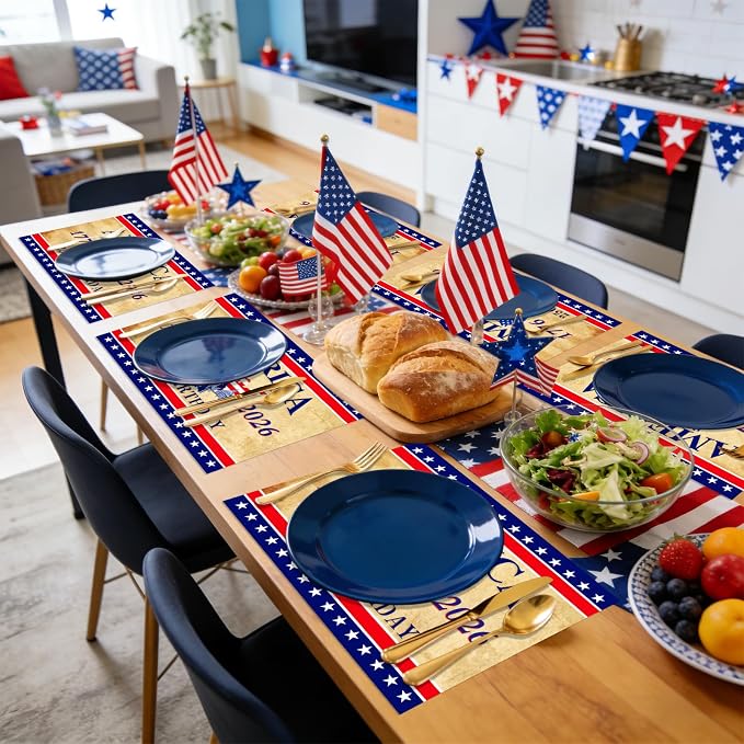 50Pcs Patriotic Paper Placemats Disposable 11x16 Inch Vintage Table Mats | American Flag Red White Blue Star Striped, 4th of July Memorial Day America 250th Birthday Party Decor