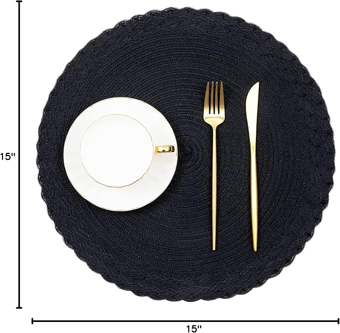 SHACOS Round Placemats Set of 6 Woven Round Table Mats 15 inch Braided Border Washable Cotton Polyester Circle Place Mats, Black