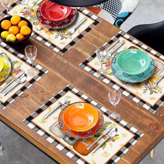 Fall Sunflower and Pumpkin Placemats Set of 6 18x12 Inch Autumn Flower Leaf Linen Place Mats Heat-Resistant Washable Wipeable Buffalo Check Plaid Table Mat for Party Kitchen Dining Room Dinner Decor