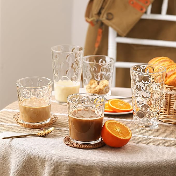 Moretoes Circle Drinking Glasses Set of 12,Clear Water Glass Cups | Mixed Glassware Set,16 Oz Highball Tumblers &12 Oz Rock Whiskey for Cocktail, Whisky and Other Beverages