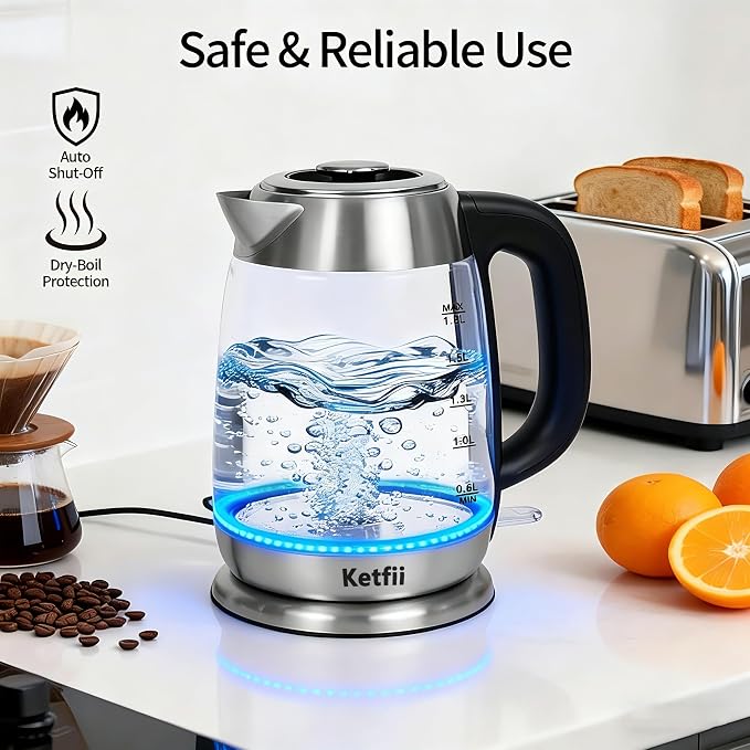 Electric Kettle 1.8 L, Stainless Steel & Glass, No Plastic, Fast Boiling | Coffee Tea Hot Water Boiler 1200W, Auto Shut Off, Boil-Dry Protection, BPA-Free, Borosilicate Glass, Removable Lid, LED Light