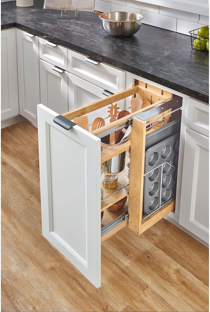 Rev-A-Shelf Pullout Organizer w/Soft-Close, Min Cabinet Opening 8.5" W | 8.75" W Slide Out Pantry Spice or Utensil Storage Rack w/BLUM Soft-Close & Adjustable Shelves for Base Cabinet, 448UT-BCSC-8C