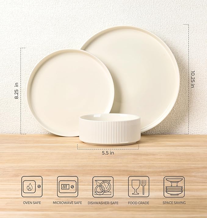 Ceramic Dinnerware Set for 4, 12-Piece Plates and Bowls Set | Lightweight Porcelain Dish Set, Scratch Resistant, Oven & Microwave & Dishwasher Safe, Beige