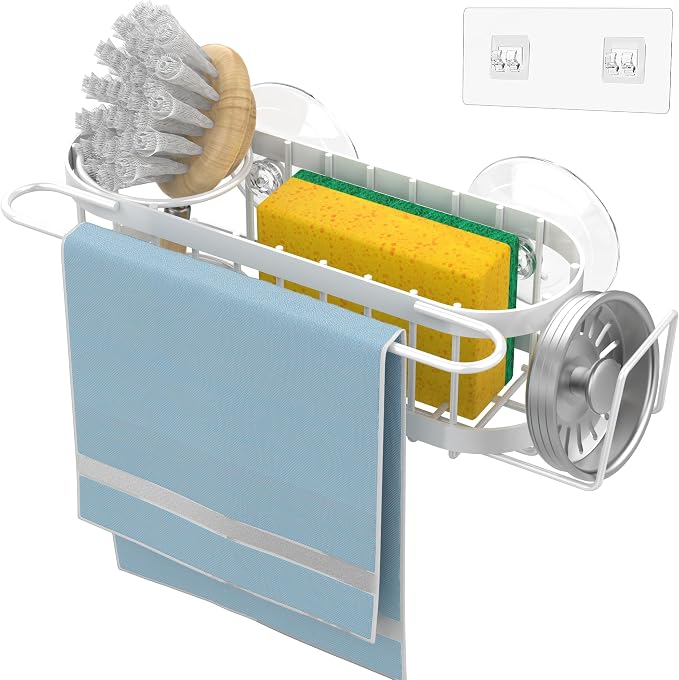Cisily Kitchen Sink Caddy Sponge Holder in The Sink, Stainless Steel Kitchen Sink Organizer, Brush Holder, Dish Cloth Hanger, Sink Stopper Holder (Suction cup-White)