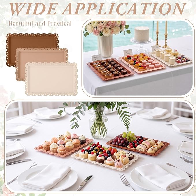 6 Pcs Brown Serving Trays Plastic Platters Dessert Cupcake Holder Party Supplies 14.4 x 9.3 Inches Rectangular Cookie Snack Display Tray for Wedding Restaurant