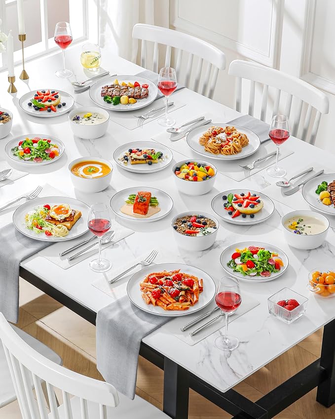 MALACASA 18-Piece Dinnerware Set for 6, White Black-Rim Porcelain Dishes | High-Fired Porcelain, Chip and Scratch Resistant, Microwave and Dishwasher Safe, Dinner, Salad Plates and Cereal Bowls
