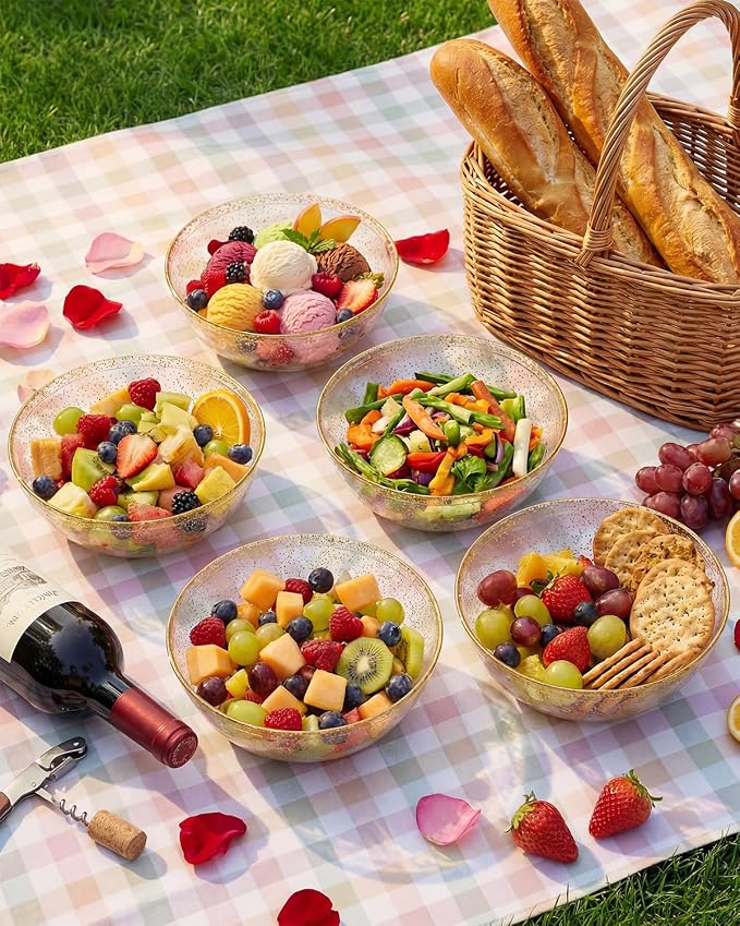 bUCLA 50Pack Gold Glitter Plastic Serving Bowls - 24oz Gold Disposable Dessert/Salad/Soup/Salad/Fruit/Cereal Bowls for Wedding & Party