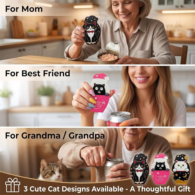 Pull Tab Can Opener Cat Food Can Opener for Soda Pet Cans Easy Open for Weak Hands Arthritis Seniors Long Nails Magnetic Portable with Lanyard Fridge Magnet Pink Cat