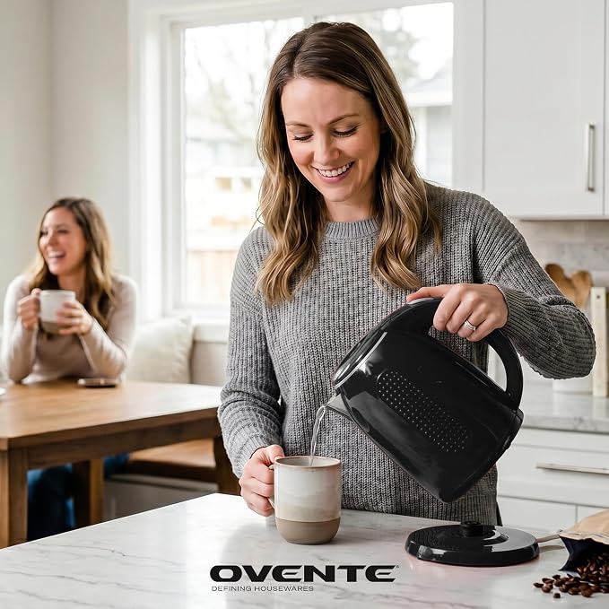 OVENTE 1.7L Double Wall Electric Tea Kettle, 1100W Power, Black KD64B | Water Boiler with Cool-Touch Exterior, Stainless Steel Interior, Auto Shut-Off, Boil-Dry Protection & Locking Lid, Easy Clean