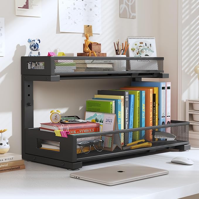 2 Pack 19IN Depth Under Sink Storage Organizer, Large 2-Tier Elegant Mesh Pull Out Shelf for Kitchen and Bathroom Cabinet Organization, L-Shaped and Adjustable Height Design-Black