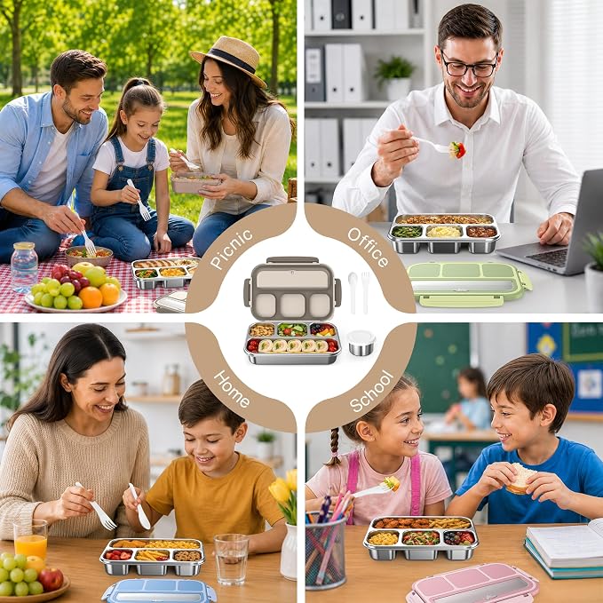 Stainless Steel Bento Box Adult Kids, Leakproof Metal Lunch Box Containers 4 Compartments, 32 Oz Reusable Food Storage Containers for Office and School, Brown