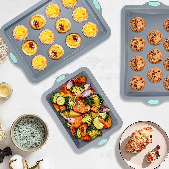Silicone Baking Pans Set, 4 Pieces Nonstick Bakeware Set with Baking Pans, Baking Sheets, Cookie Sheets, Cake Pan with Metal Reinforced Frame More Strength, Light Grey