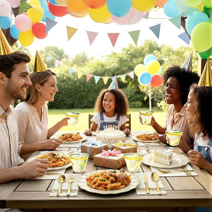 Glowserve 175 Piece Disposable Plastic Plates Dinnerware Set for 25 Guests | 50 Plastic Plates,25 Silverware Set,25 Cups and Napkins,Wedding Birthday,Family Party,Fancy Plastic Plates