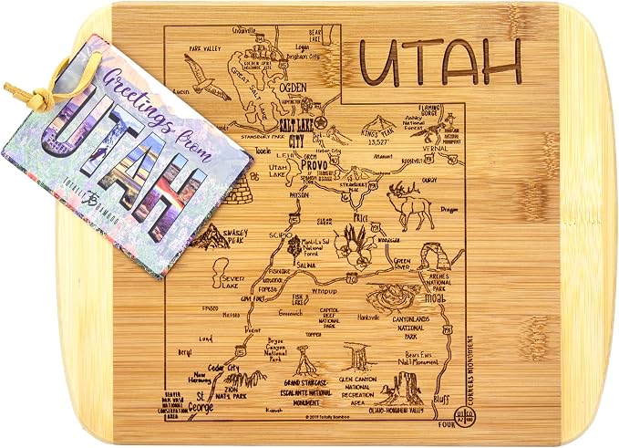 Totally Bamboo A Slice of Life Utah Engraved Map Cutting Board | 11” x 8.75” charcuterie board with engraved state map artwork. Smooth reverse side for food prep. Hang tie for wall display.