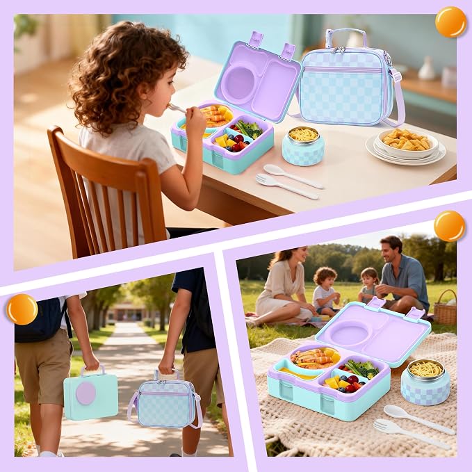Bento Box for Kids, Leakproof Kids Lunch Box with 8.5OZ Thermo Food Jar & Lunch Bag, 3-4 Compartments Toddler Insulated Lunch Box for Girls, BPA Free Lunch Containers for School Daycare