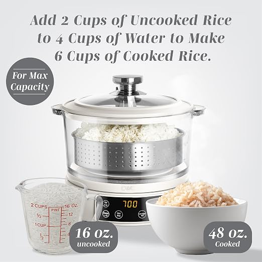 COOK WITH COLOR Glass Mini Low Carb Rice Cooker – Holds 2 Cups Raw/Makes 6 Cups Cooked with Auto Lift Filter Basket, Hotpot & Steamer for Rice, Grains, Digital Panel with Keep Warm, Cream