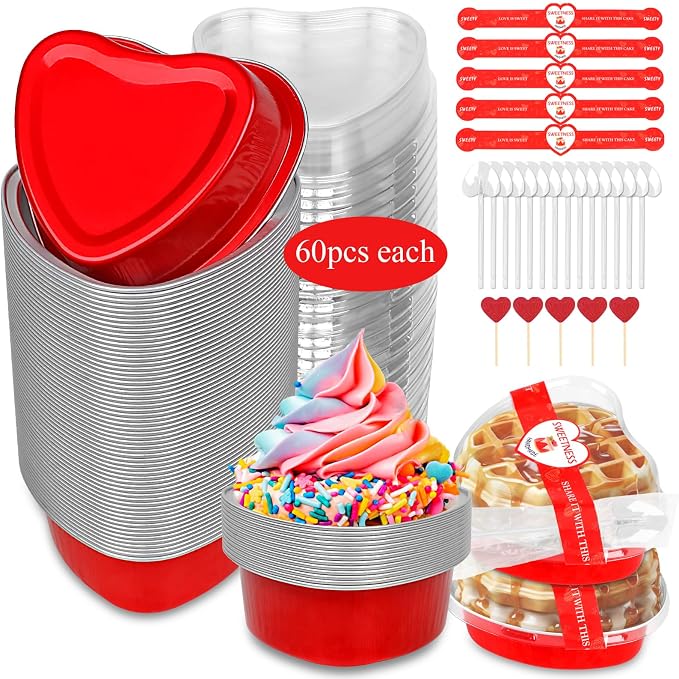 YQER 60 Pack Heart Shaped Cake Pans โ 3.4oz Mini Aluminum Foil heart shape Cupcake pan with Lids, Spoons & Heart Stickers โ Disposable Mothers Day Baking Tins Supplies for Gifts, Red