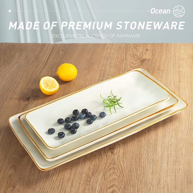 Famiware Serving Platters Set of 3 Sizes - Rectangular, Vanilla White | 15.67"/14.1"/12.6" Fine Stoneware Serving Trays for Party, Entertaining for Food, Turkey, Cheese, Microwave Dishwasher Safe