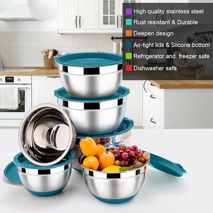 LIANYU Metal Nesting Mixing Bowls Set of 6, Size 7, 3.5, 2.5, 2, 1.5, 1QT | Large Stainless Steel Bowls for Cooking, Baking, Food Storage, Non-slip Bottom & Airtight Lids, Dark Blue