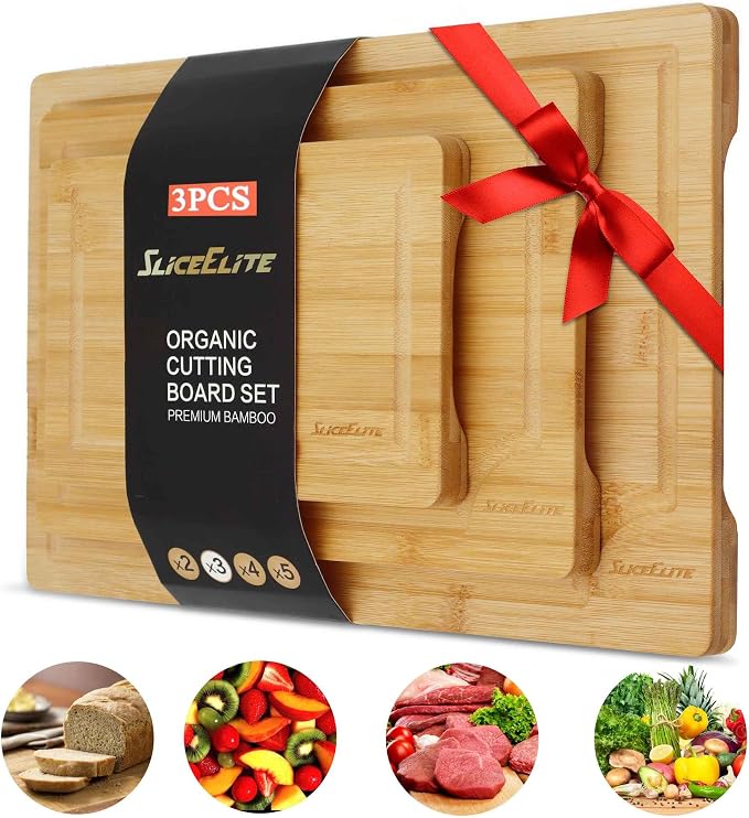 SliceElite Wood Cutting Board - 3 Piece Bamboo Cutting Board Set, Wooden Cutting Boards for Kitchen with Deep Juice Groove, Side Handles - Wood Chopping Boards for Meal Prep, Meat, Vegetables