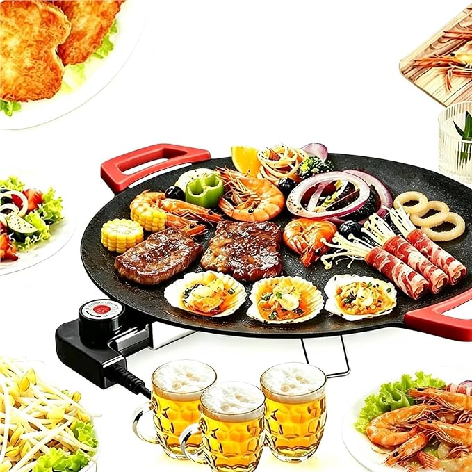 Electric Smokeless Grill, Non-Stick BBQ Griddle with Temperature Control, Round Cooking Surface with Red Handles, Indoor Barbecue Pan for Meat and Seafood (14)