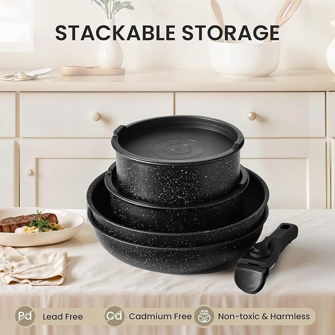 Simple Deluxe 12 Pcs Cookware Set, Non-Stick Pots and Pans Set, with Black Granite Texture and Detachable Handles, Resistant to High Temperatures, Oven Safe, PFAS and PFOA Free, Black