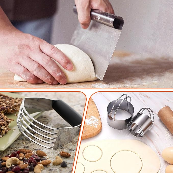 Stainless Steel Biscuit Cutter Set, Pastry Scraper and Dough Blender, Sturdy & Long-Lasting with Ergonomic Rubber Grip, Baking Dough Tools for Cooking Cookies and Donuts, Cakes, or Making Pancakes