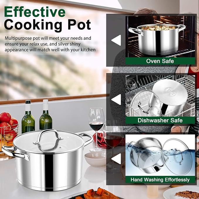 P&P CHEF 8 Quarts Stock Pot with Lid, Stainless Steel Stockpot for Cooking | Cooking Pot for Soup, Pasta, Tri-Ply Bottom for Induction, Gas, Ceramic, Glass Lid & Double Handle, Dishwasher Safe