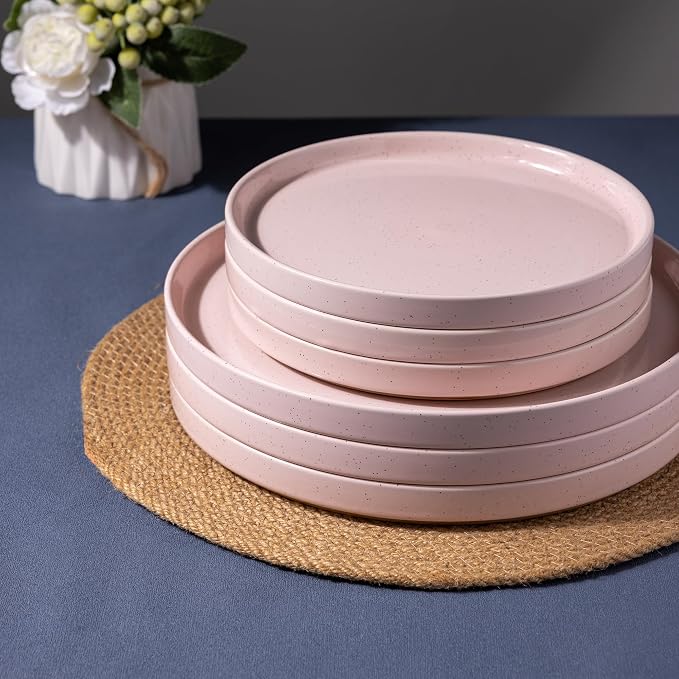 AmorArc Stoneware Dinnerware Sets for 4,12Pcs Plates and Bowls Set | Handmade Ceramic Dish Set,Dishwasher & Microwave Safe,Scratch Resistant-Pink