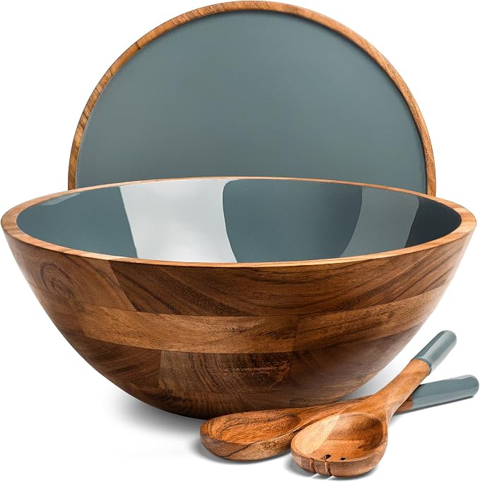 Large Wooden Salad Bowl Set 12.5 Inch with Serving Utensils, Tray Lid and Carry Strap. Acacia Wood Large Salad Bowls Ideal for Fruits and Dishes, Wooden Bowls for Food, Serving and Fruit Bowl