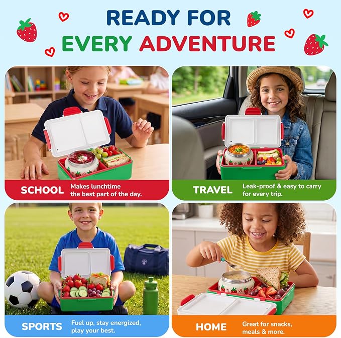 Bento Lunch Box for Kids–Strawberry Console Design with 12oz Insulated Stainless Steel Soup Jar and Built-in Ice Pack, 3-Compartment Leak-Proof Kids Bento Box for Boys Girls School Travel